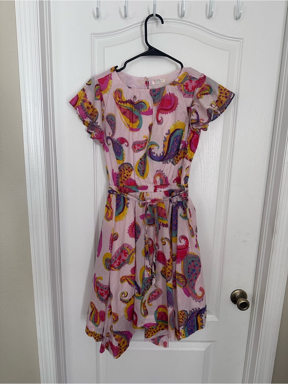 Crewcuts Girls Paisley Cotton Dress Size 14 Pink Tie Waist Short Sleeve